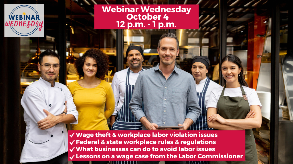 A Hispanic restaurant owner and his five employees stand smiling in front of his restaurant